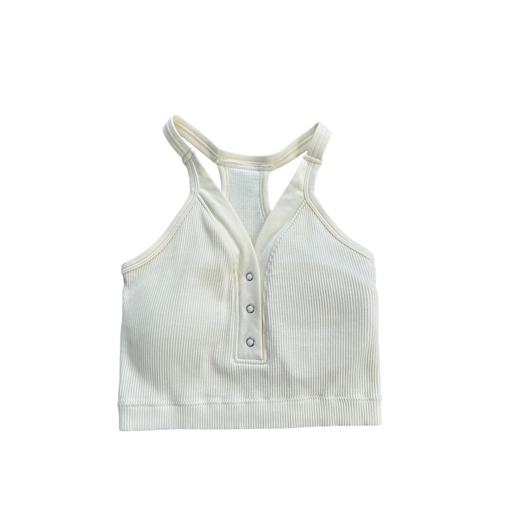 Pro-fit Seamless‎ Ribbed Tank Top Cream White Cropped V-Neck Sleeveless